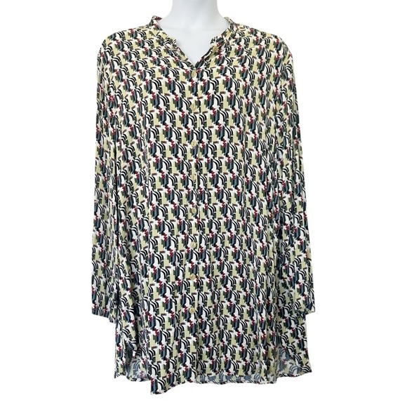 Flax Thinking Tropics Rayon button up tunic top size 1X long sleeve pockets - Picture 2 of 8